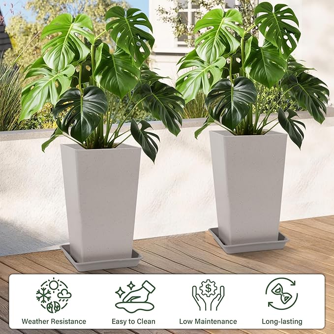 Set of 2 Tall Planter, 21 inch Large Plastic Planter - Image 2
