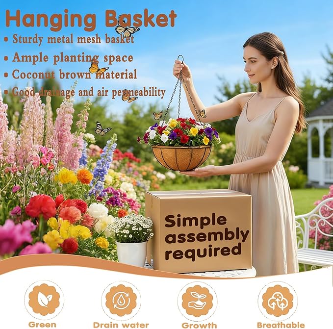Metal 10 inch Round Planter, 4 Pack Hanging Wire Basket - Image 2
