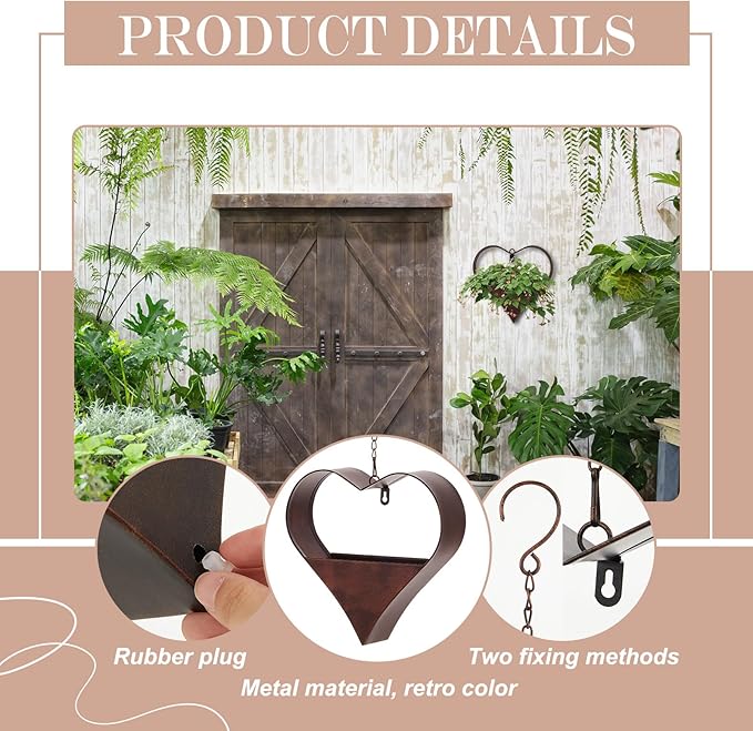 2 Pack Metal Plant Hangers Indoor and Outdoor Rustic Heart Shape Hanging - Image 3