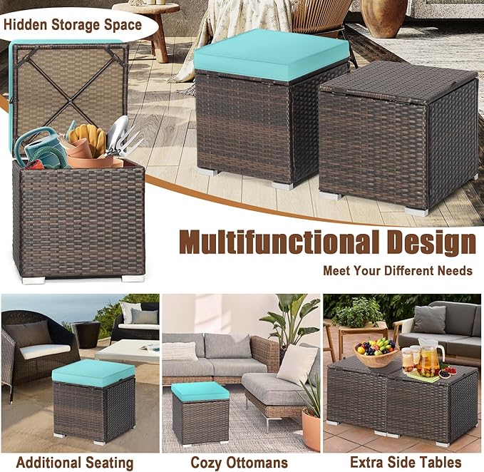 RELAX4LIFE Wicker Outdoor Storage Ottoman, 2-Piece Rattan Footstool w/Removable - Image 7