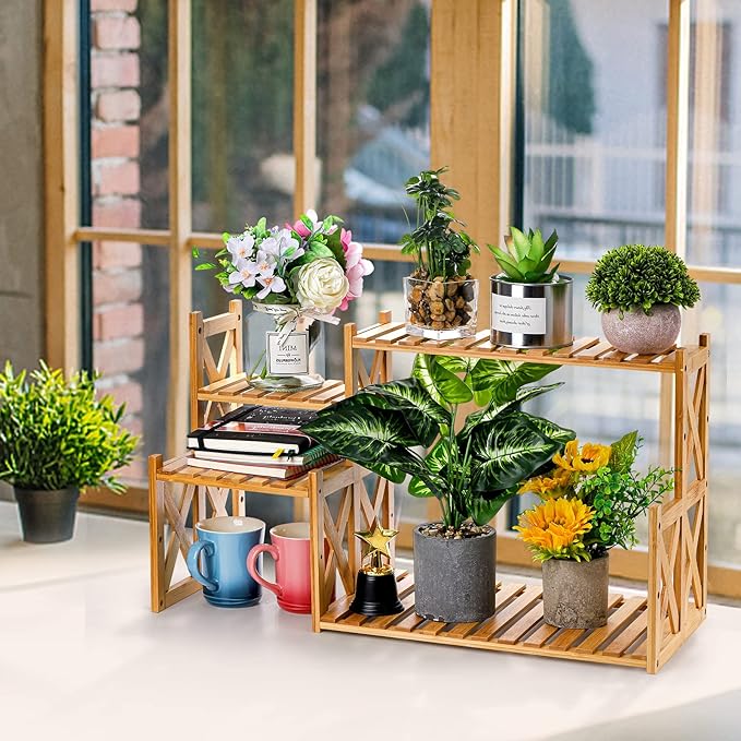 Lawei 2 Tier Bamboo Tabletop Plant Stand, Adjustable Flower Pot Holder Shelf - Image 6