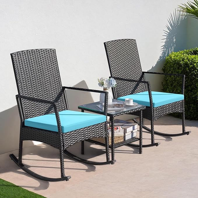 Greesum 3 Pieces Patio Furniture Set Outdoor Wicker Rocking Chairs - Image 3