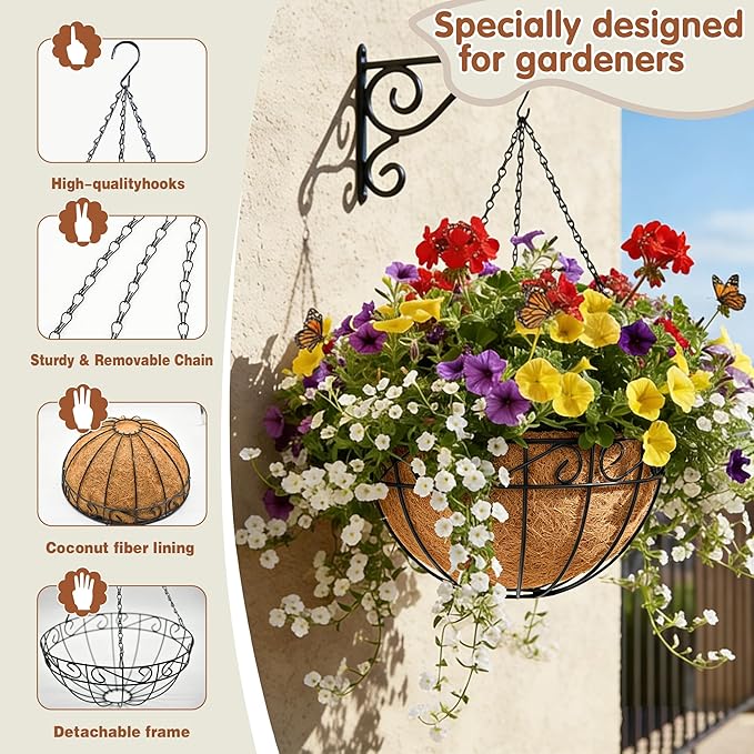 12 inch Metal Hanging Baskets For Plants Outdoor 4 Pack Round Metal Wire - Image 6