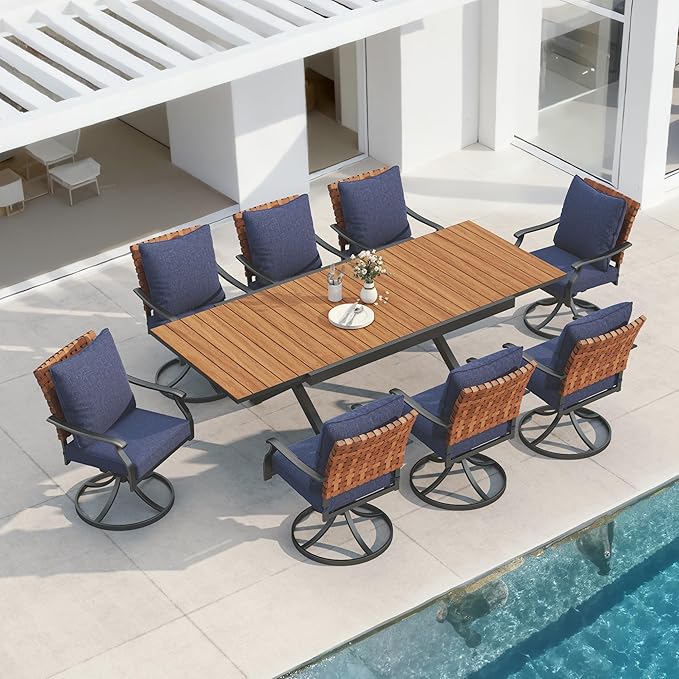 Grand patio 9-Piece Outdoor Dining Set, 8 Leather-Look Wicker Blue Swivel Patio by GrandPatio