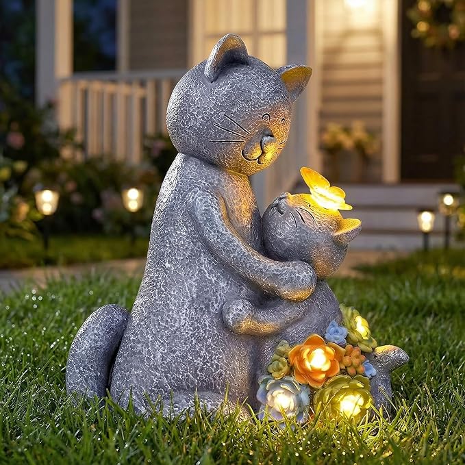 Solar Garden Statues Loving Cat Figurine Lights by Candieslife