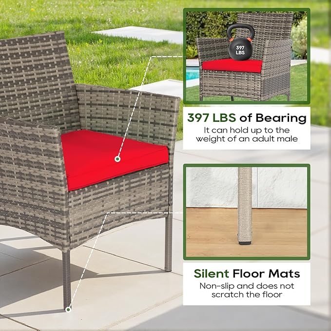 FDW | 3-Piece Patio Furniture Set | Gray & Red | Outdoor Wicker Furniture - Image 4