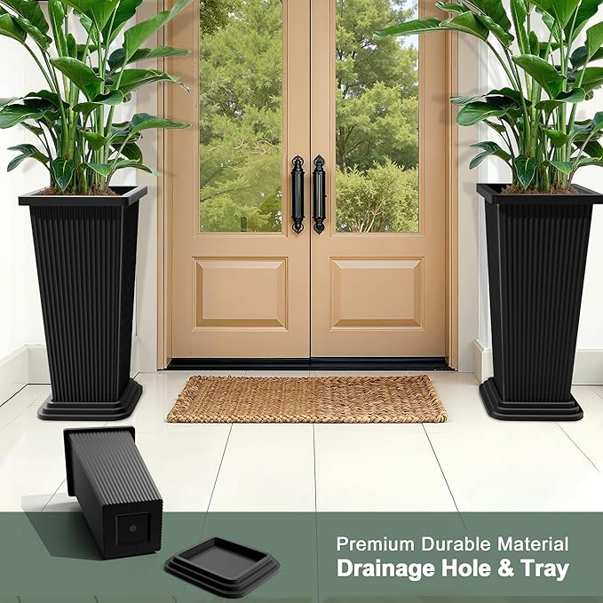 Tall Black Planters Outdoor Set of 2, Large Outdoor Tall Planters Pots - Image 4