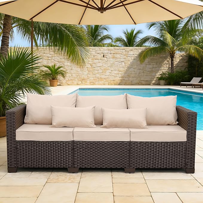 Outdoor Furniture Couch 3 Seater Sofa Outdoor Brown Wicker Sofa Deep Seat High by RattanStar