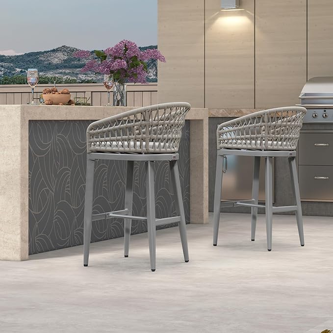 PURPLE LEAF Outdoor Rattan 29" Bar Stools Set of 2, Modern Boho Aluminum Patio - Image 7