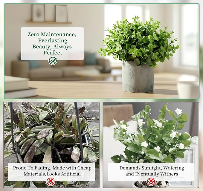 Fake Plants, 5 Pack Small Fake Plants Mini Potted Artificial Eucalyptus - Image 5