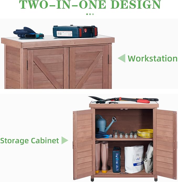 Outdoor Potting Bench with Storage Cabinet and Metal Top, Wood Workstation - Image 5