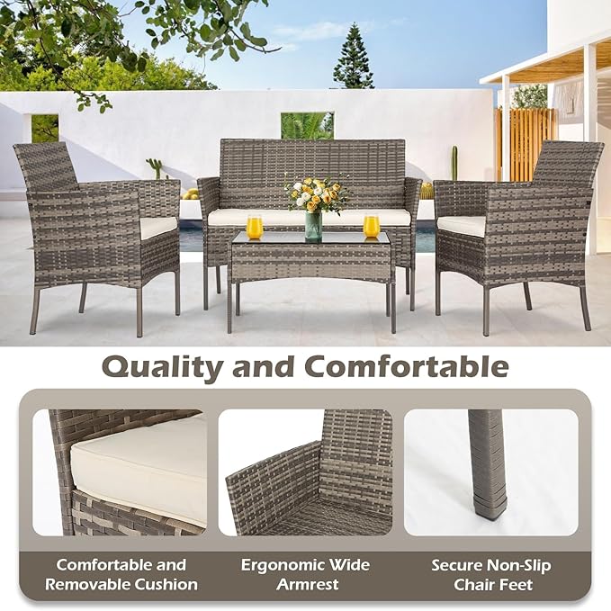 FDW | 4-Piece Patio Furniture Set | Gray & Khakhi | Outdoor Wicker Furniture - Image 6