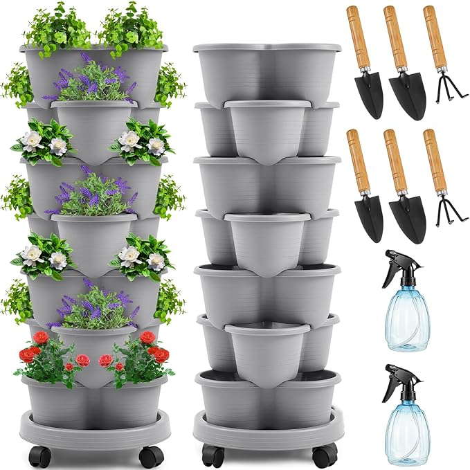 Umigy 2 Set Light Gray 7 Tier Stackable Vertical Planters by Umigy