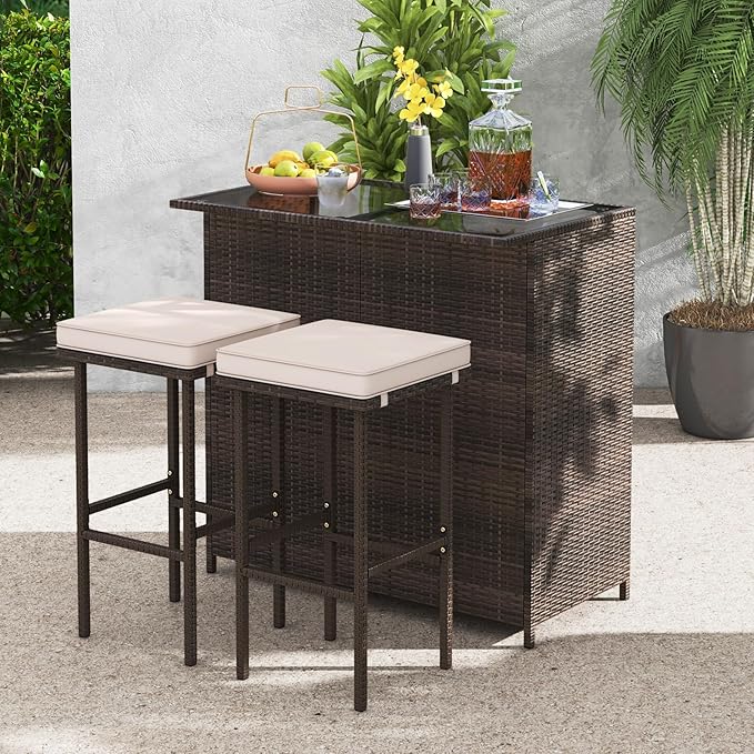 Tangkula 3 Piece Patio Bar Set, Outdoor Rattan Bar Table and 2 Stools - Image 3