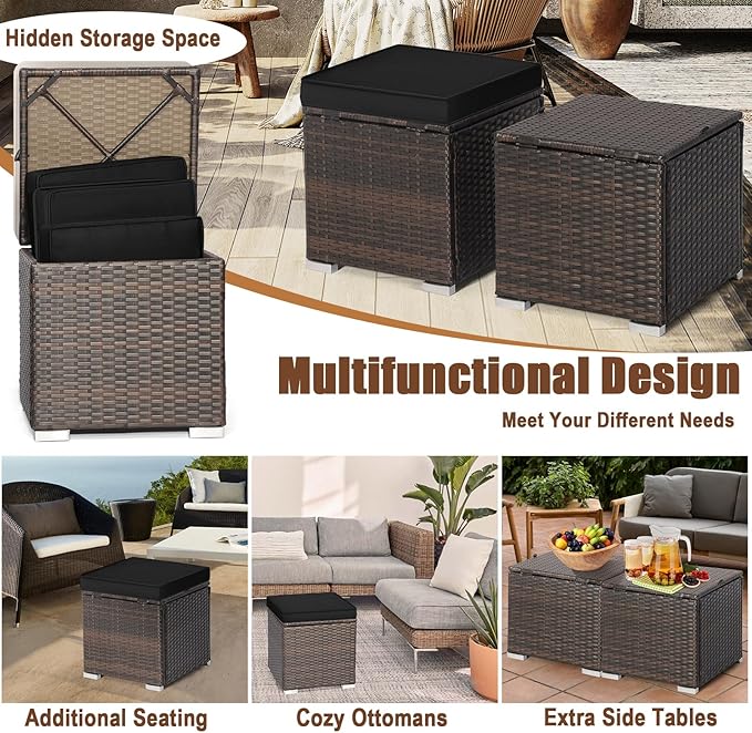 RELAX4LIFE Wicker Outdoor Storage Ottoman, 2-Piece Rattan Footstool w/Removable - Image 7