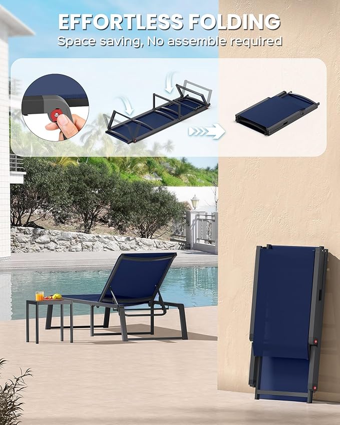 Aluminum Chaise Lounge Chair Outdoor, Foldable & Assembly Free Patio Pool - Image 3
