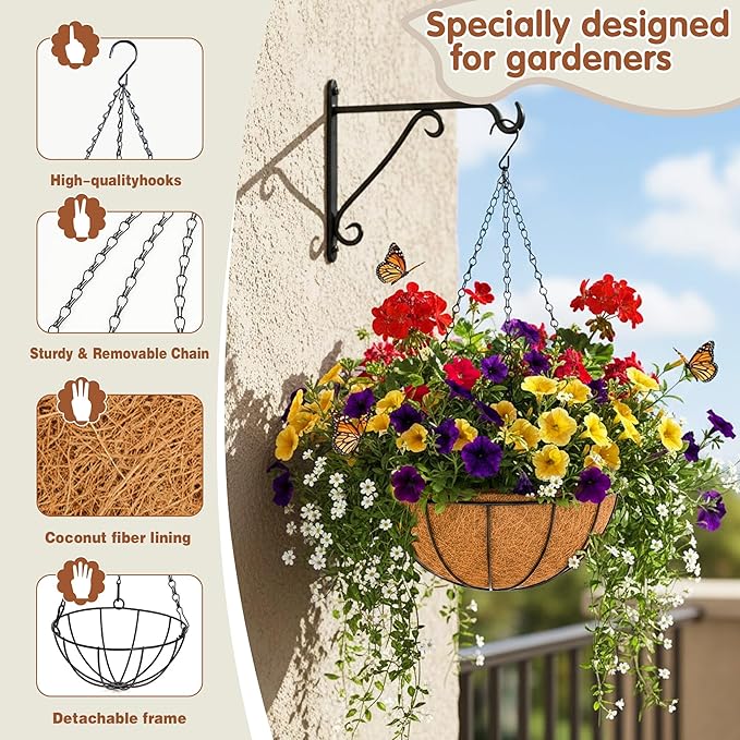 12 inch Metal Hanging Baskets For Plants Outdoor 4 Pack Round Metal Wire - Image 5