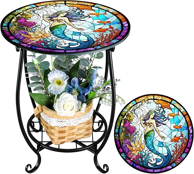 Outdoor Side Table Round Small Mosaic Patio Accent Indoor End Plant Coffee Tea by Cinnvoice