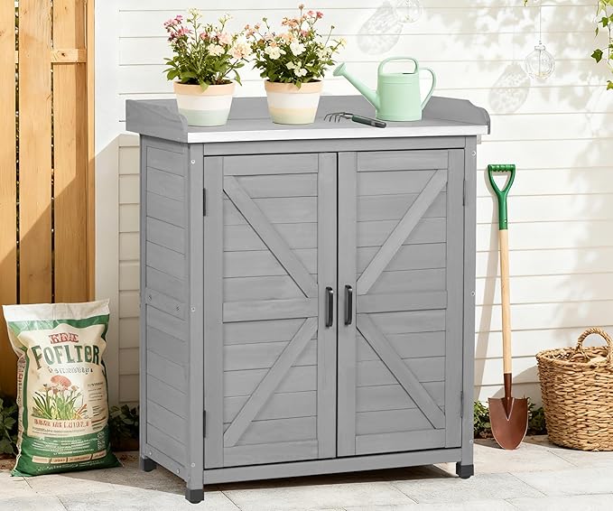 Outdoor Potting Bench with Storage Cabinet and Metal Top, Wood Workstation - Image 8