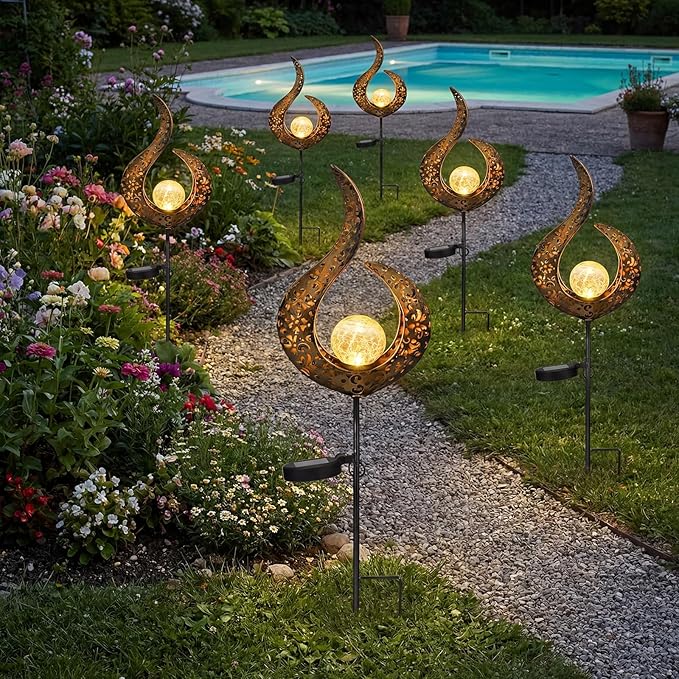 6 Pack Solar Stake Lights Outdoor Decorative Metal Ground Pathway LED Stake - Image 7