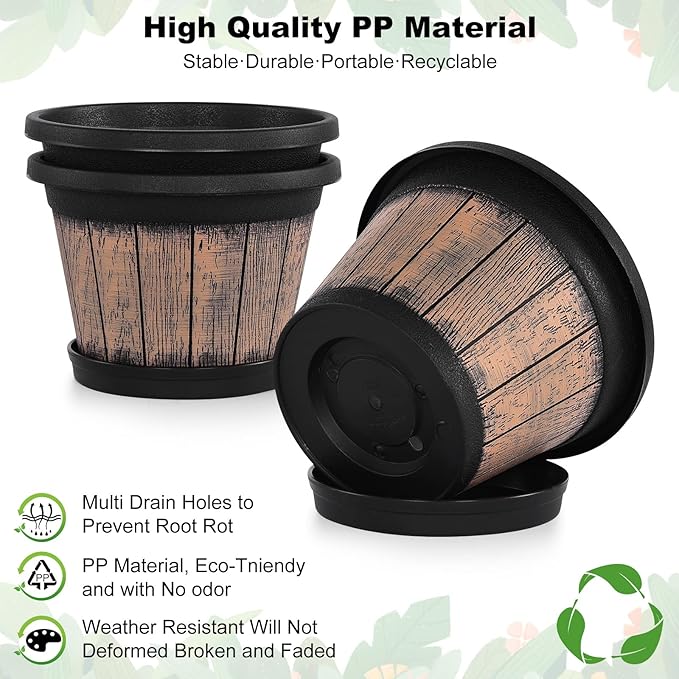 Quarut Plant Pots Set of 3 Pack 9 inch, Whiskey Barrel Planters - Image 3