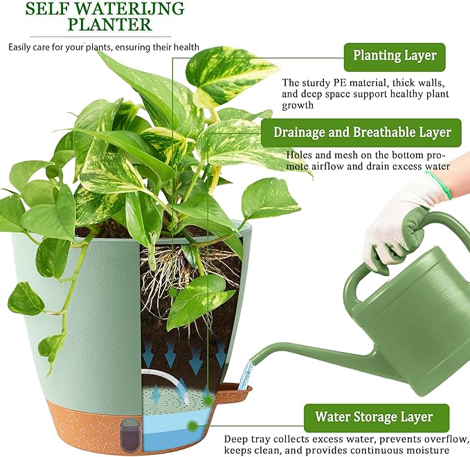 2 Pack 8 Inch Pots for Plants Indoor, Plastic Self Watering Planters - Image 5
