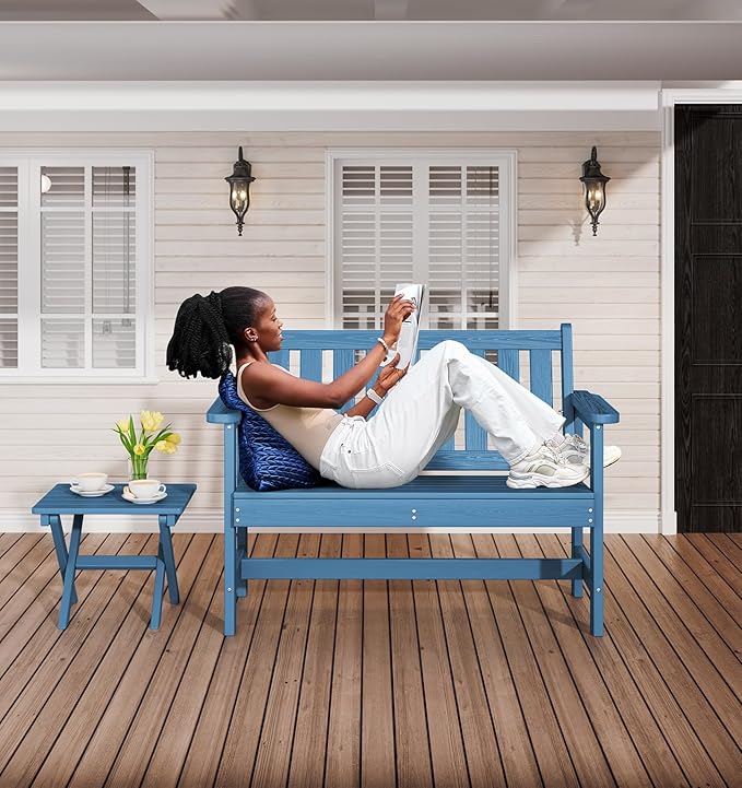 SERWALL HDPE Outdoor Benches Weatherproof, 2-Person Garden Bench - Image 2