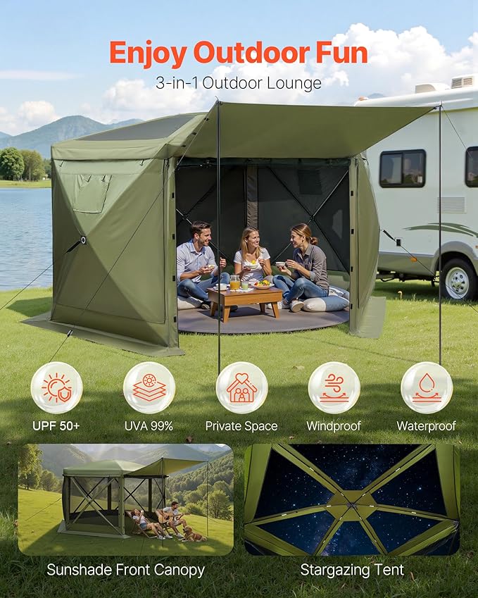 VEVOR Pop up Gazebo Screen Tent, 12 x 12 ft Large 6-Sided Camping Canopy Tent - Image 3