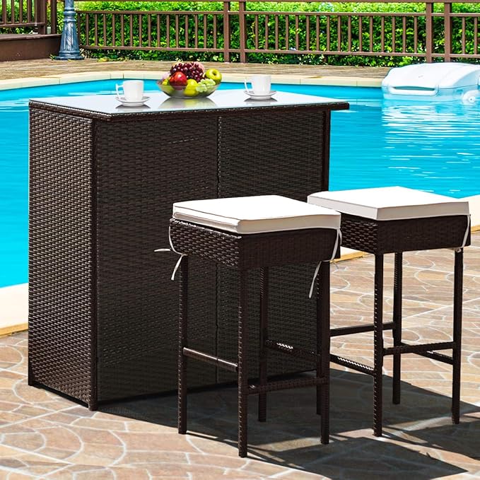 Tangkula Patio Bar Set, 3 Piece Outdoor Rattan Wicker Bar Set by TANGKULA