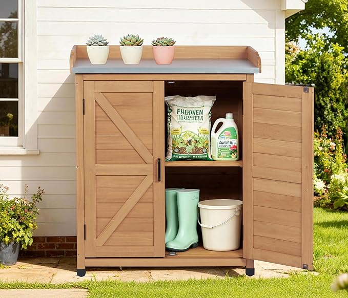 Outdoor Potting Bench with Storage Cabinet and Metal Top, Wood Workstation - Image 9