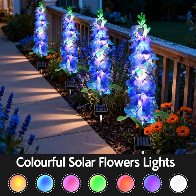 Solar Garden Lights, Solar Blue Delphinium Flowers Lights 4 Pack 80 LEDs - Image 3