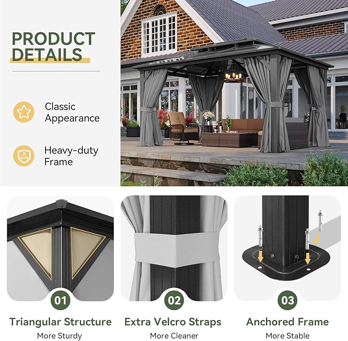 Aoxun 10'x14' Hardtop Gazebo, Aluminum Frame Permanent Pavilion - Image 6