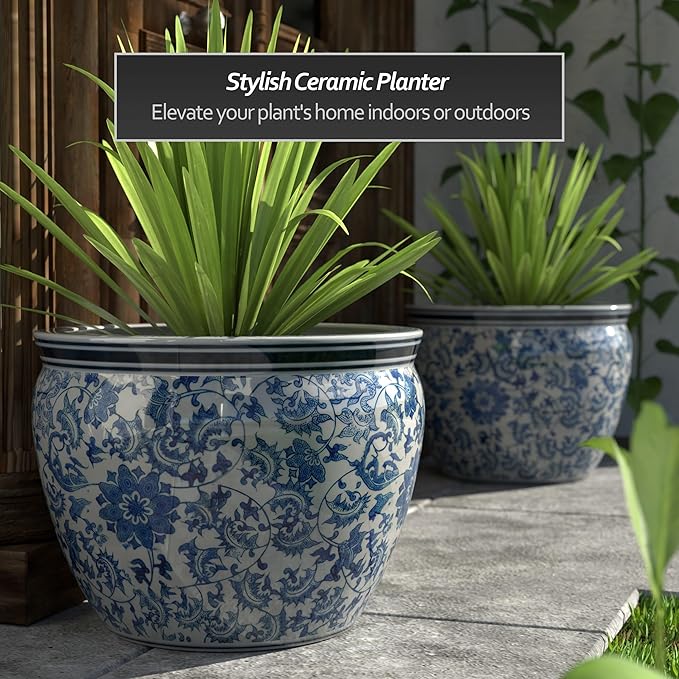 Red Lantern Large 22" Porcelain Fishbowl Blue & White Floral Planter - Image 2