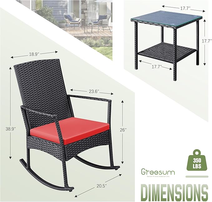 Greesum 3 Pieces Patio Furniture Set Outdoor Wicker Rocking Chairs - Image 6