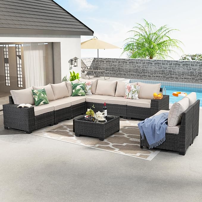 10 Pieces Patio Furniture Set All-Weather Outdoor Wicker Sectional Conversation - Image 7