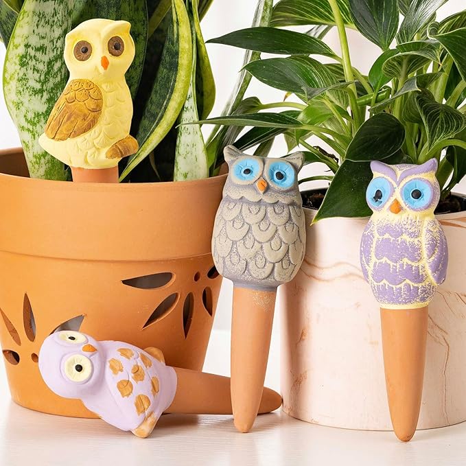 4 Pack Handmade Terracotta Owl Watering Spikes and Globes, Self-Watering Plant - Image 8