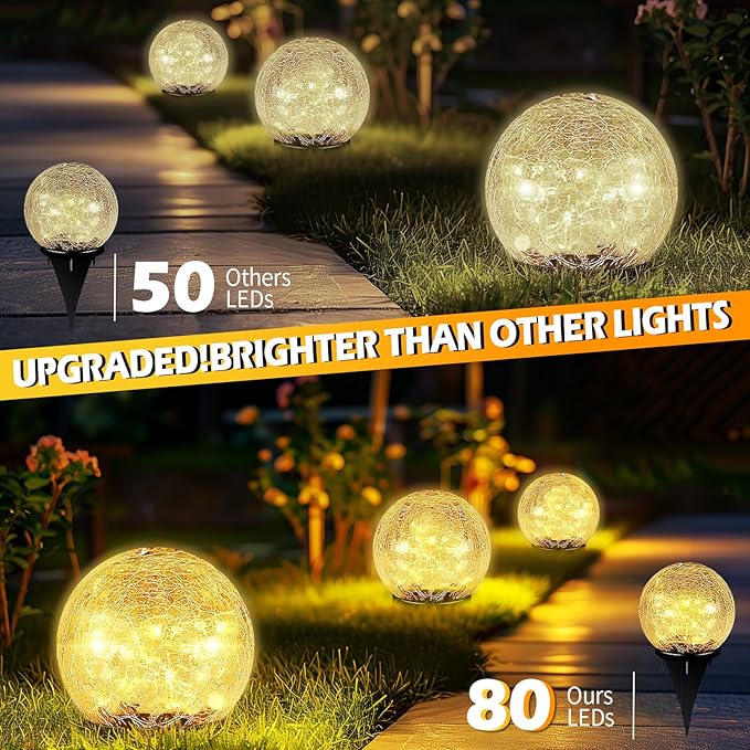 Coroor Garden Solar Ball Lights Outdoor Waterproof, 80 LED Cracked Glass Globe - Image 2