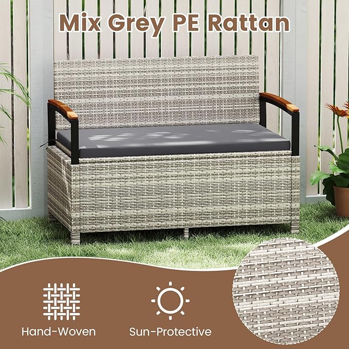 RELAX4LIFE Wicker Outdoor Storage Bench, Rattan Deck Box w/Protective Liner - Image 4