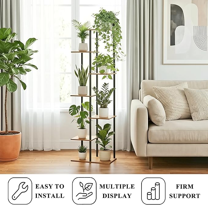 Plant Stand Indoor 7 Tier 8 Potted Metal Wood Plant Shelf, Rustic Brown - Image 4