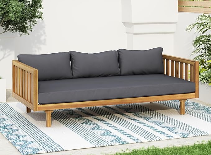 Merax Outdoor 3 Seater Daybed, Acacia Wood Day Bed Couch Sofa by Merax