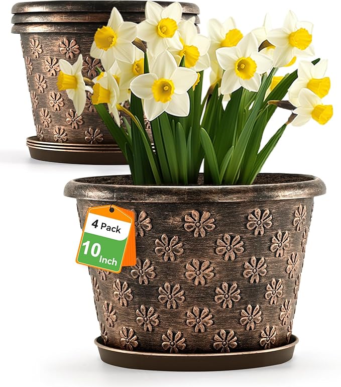 10 Inch Planter Pots for Plants, 4 Pack Plastic Large Flower Pots Indoor Outdoor by FlowyypoPlantPot
