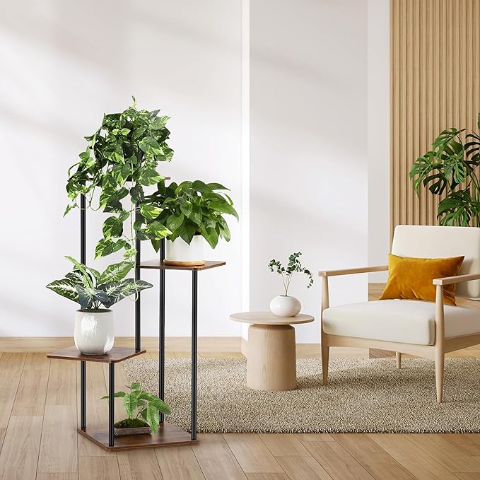 4 Tier Plant Stand Indoor Outdoor, Wood Metal Corner Shelf, Planter Shelf - Image 7