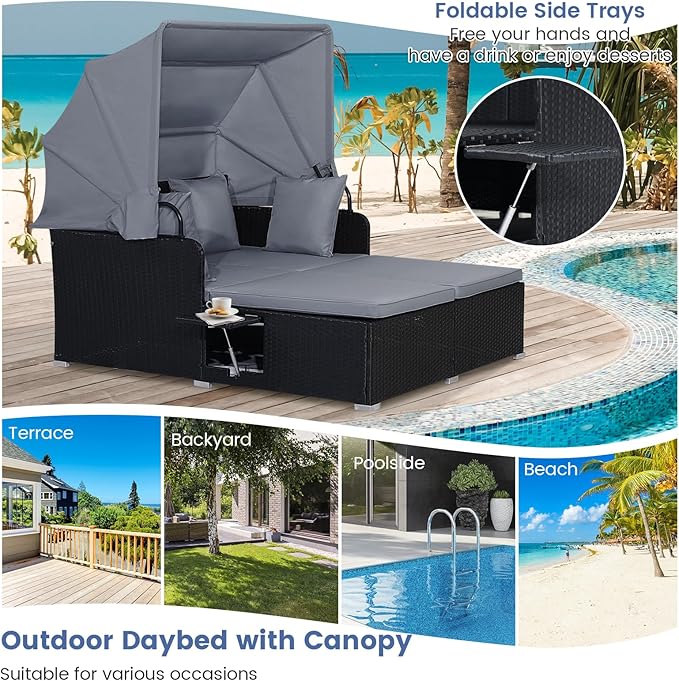 COSTWAY Outdoor Daybed with Retractable Canopy, Wicker Patio Furniture Set with - Image 4
