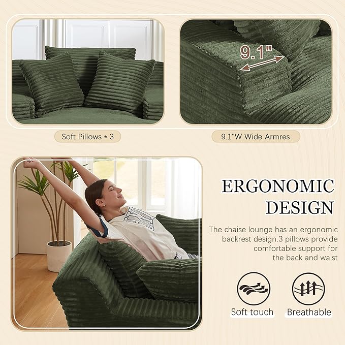80 Inch Chaise Lounge Chair Indoor, Oversized Corduroy Upholstered Boneless - Image 4