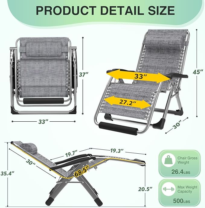Suteck Oversized Zero Gravity Chair, 33In XXL Lounge Chair w/Removable - Image 2