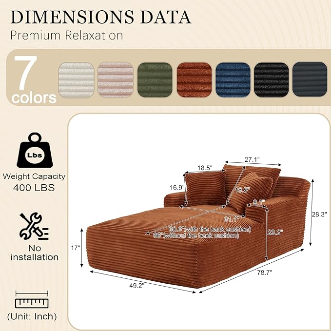 80 Inch Chaise Lounge Chair Indoor, Oversized Corduroy Upholstered Boneless - Image 2