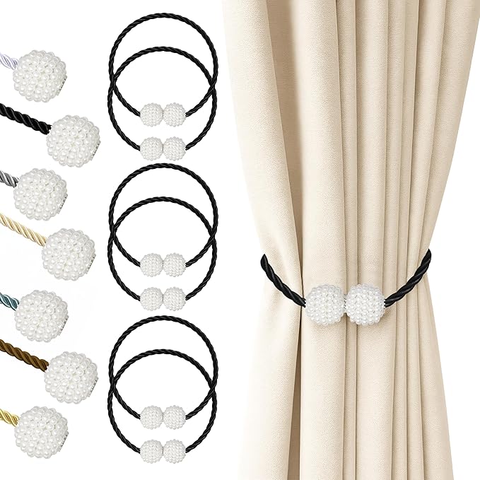 Hion Magnetic Curtain Tiebacks Black 6 Pack, Curtain Tiebacks Buckles Holdbacks by Hion