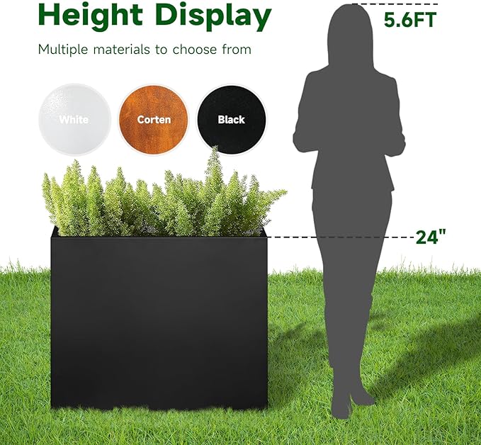 Black Steel Planter Box for Outdoor Plants 24" x 10" x 24" Metal Rectangular - Image 6