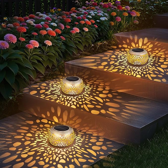 Solar Lanterns Outdoor Waterproof: 2 Pack White Gold Hollow Out Metal Solar - Image 6