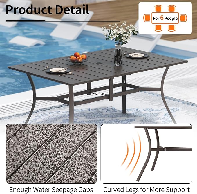 Outdoor Metal Steel Rectangle Patio Dining Table, 6 Person Patio Table - Image 4
